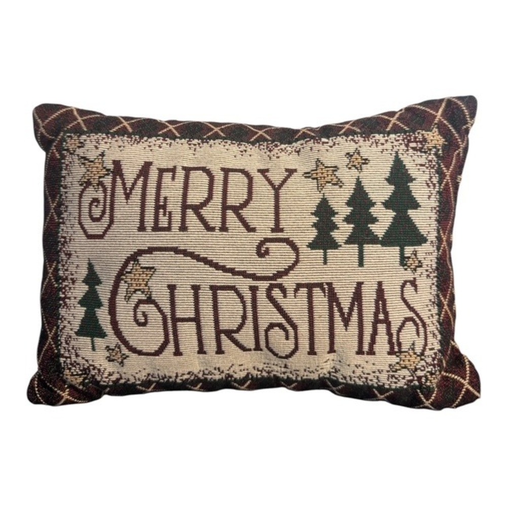 Merry Christmas Holiday Tapestry Accent Pillow Woven Trees 12x9